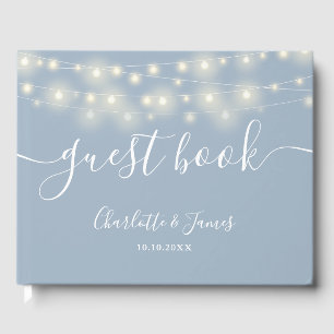 Dusty Blue String Lights Signature Script Wedding Guest Book