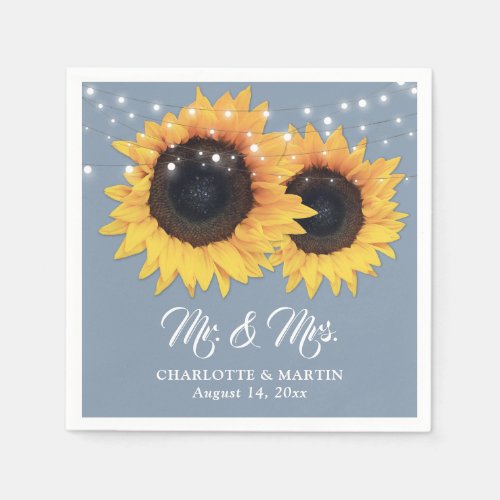 Dusty Blue String Lights Sunflower Wedding Napkins