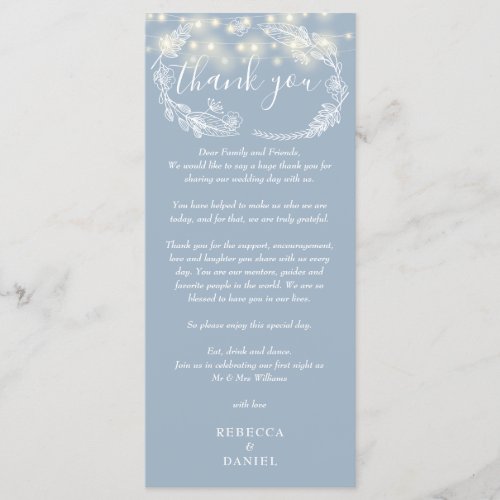 Dusty Blue String Lights Thank You Place Card