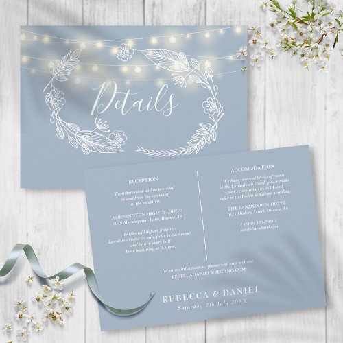 Dusty Blue String Lights Wedding Details Card