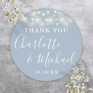 Dusty Blue String Lights Wedding Favor Thank You  Classic Round Sticker