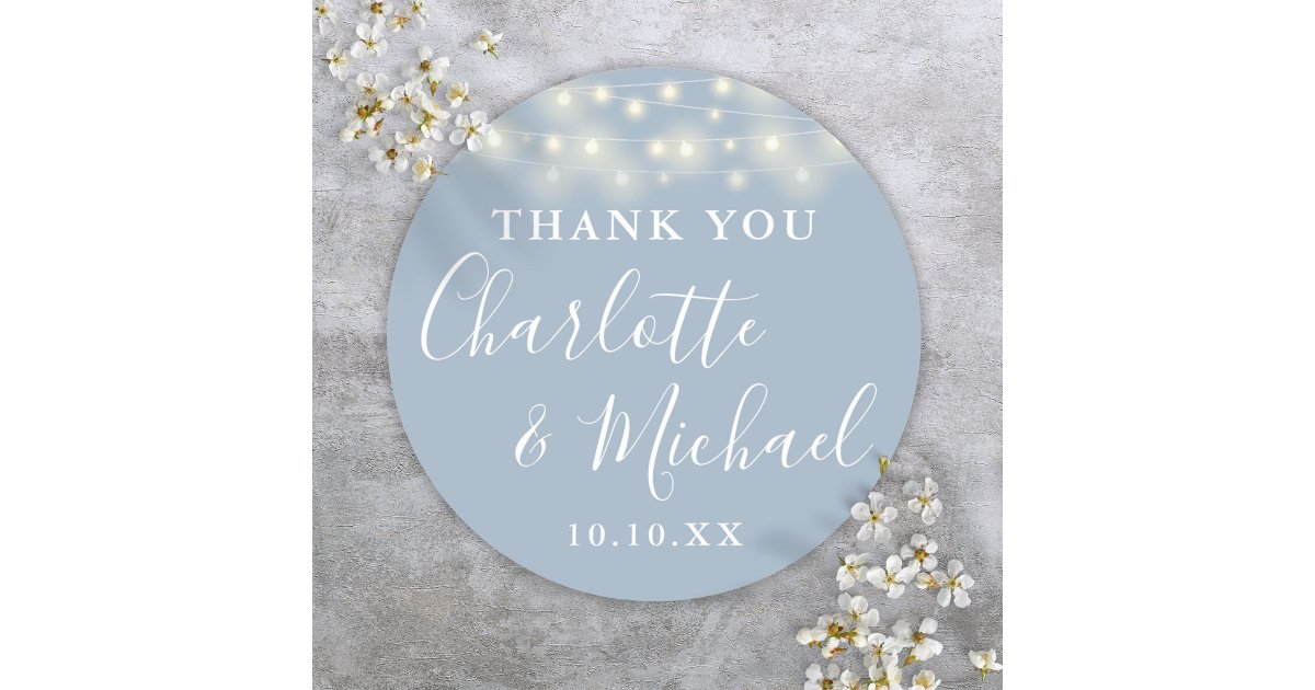 Dusty Blue String Lights Wedding Favor Thank You Classic Round Sticker ...