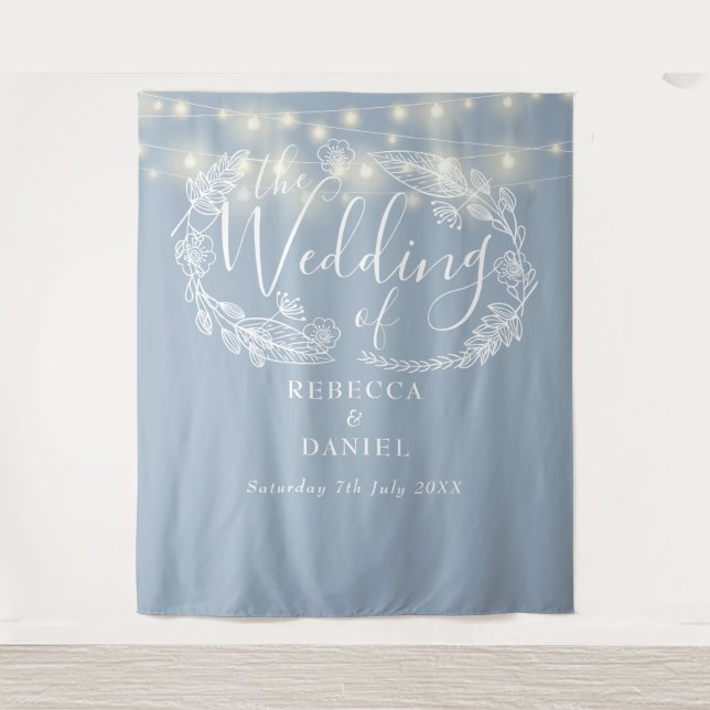 Dusty Blue String Lights Wedding Photo Backdrop (Front)