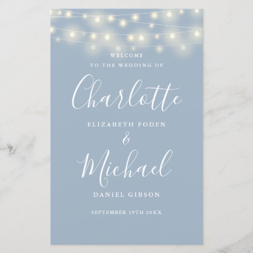 Dusty Blue String Lights Wedding Program