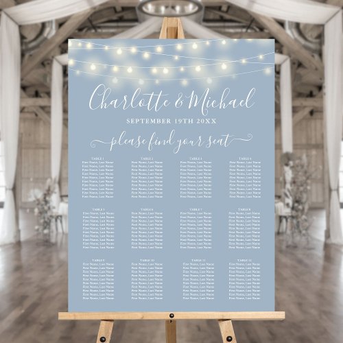 Dusty Blue String Lights Wedding Seating Chart Foam Board