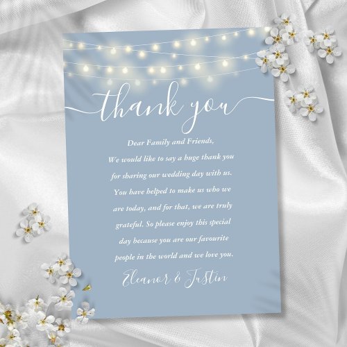 Dusty Blue String Lights Wedding Thank You Place  Place Card