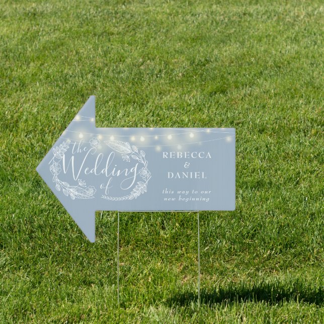 Dusty Blue String Lights Wedding This Way Sign (Insitu)