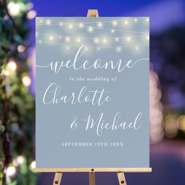 Dusty Blue String Lights Wedding Welcome Sign (Dusty Blue String Lights Wedding Welcome Sign)