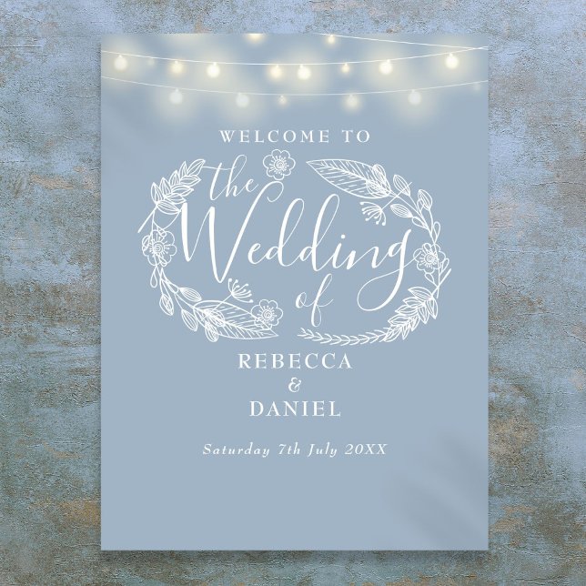 Dusty Blue String Lights Wedding Welcome Sign (Dusty Blue String Lights Wedding Welcome Sign)