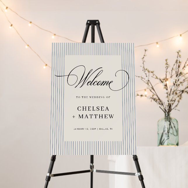 Dusty Blue Stripe Classic Wedding Welcome Sign (In Situ (Stand))