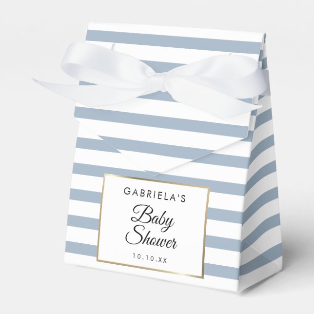 Dusty Blue Stripe Elegant Gold Baby Shower Favor Boxes (Front Side)