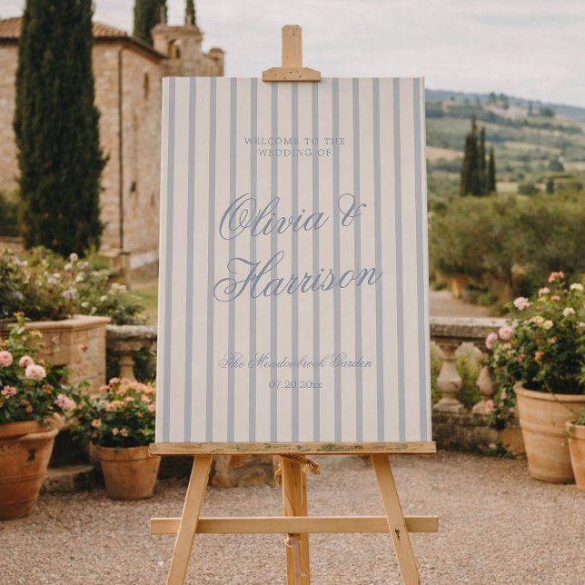 Dusty Blue Stripe Elegant Wedding Welcome Sign (Creator Uploaded)