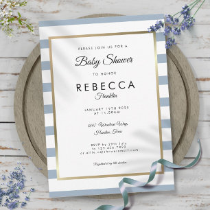 Dusty Blue Stripe Gold Baby Shower Invitation