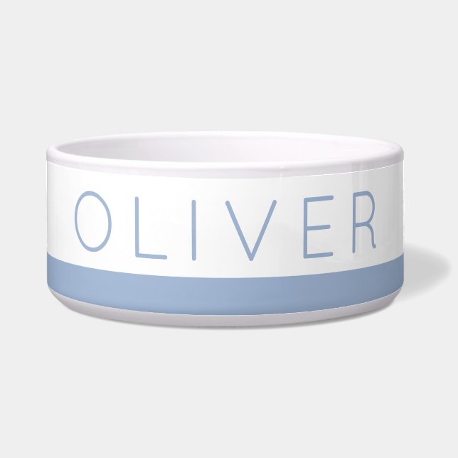 Dusty Blue Stripe Modern Cat or Dog Name on Pet Bowl (Front)