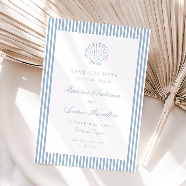 Dusty Blue Stripe Shell Wedding Save the Date (Creator Uploaded)