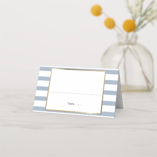 Dusty Blue Stripe Wedding  Faux Gold Foil  Place Card