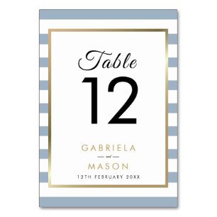 Dusty Blue Stripe Wedding    Faux Gold Foil Table Number