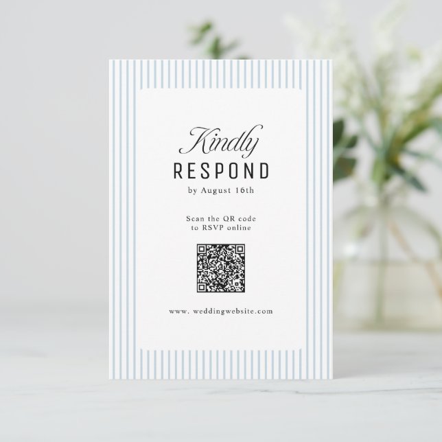 Dusty Blue Striped Elegance Classy QR Code Wedding RSVP Card (Standing Front)