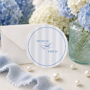 Dusty Blue Striped Elegant Wedding Classic Round Sticker