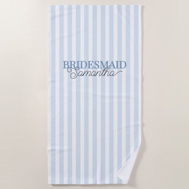 Dusty Blue Striped Personalized Name Bridesmaid Beach Towel (Front)