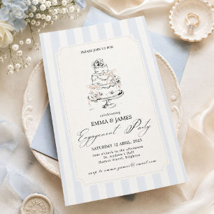Dusty Blue Striped Vintage Cake Engagement Invitation