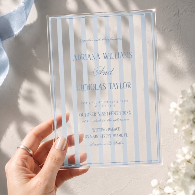 Dusty Blue Striped Wedding Acrylic Invitations (Creator Uploaded)