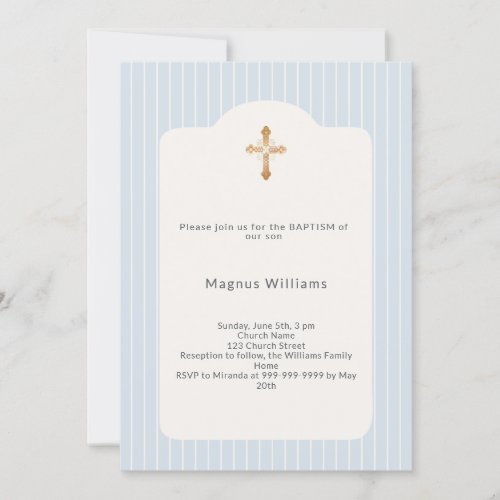 Dusty blue stripes boy  Baptism Invitation