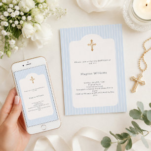 Dusty blue stripes boy Baptism Invitation