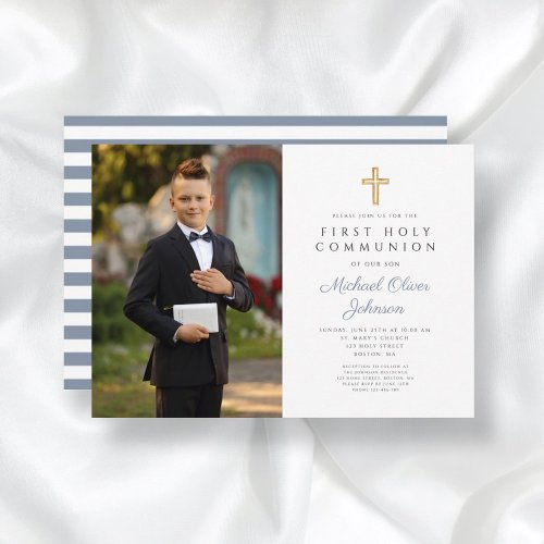 Dusty Blue Stripes Cross Boy Photo First Communion Invitation