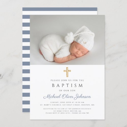 Dusty Blue Stripes Cross Photo Boy Baptism Invitation