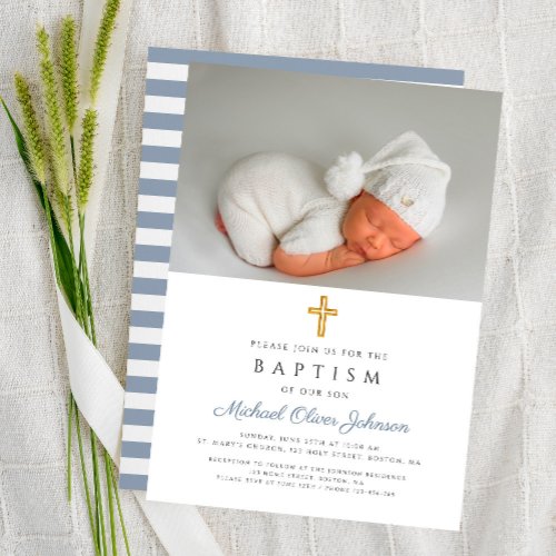 Dusty Blue Stripes Cross Photo Boy Baptism Invitation