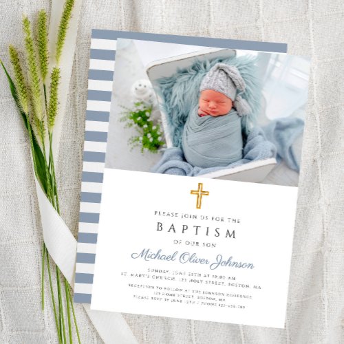 Dusty Blue Stripes Cross Photo Boy Baptism Invitation