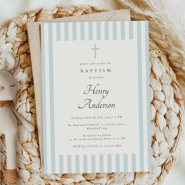 Dusty Blue Stripes Elegant Baptism Boy Invite (Creator Uploaded)