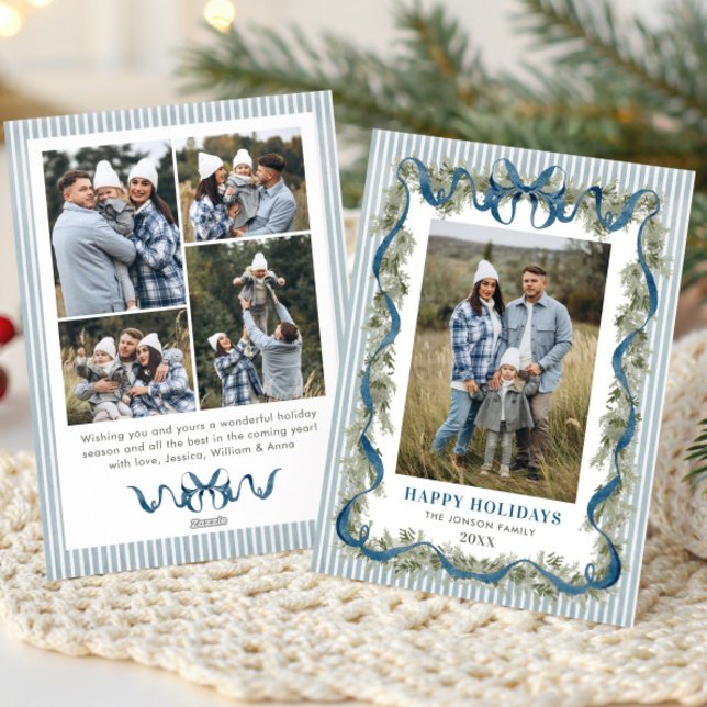 Dusty Blue Stripped Blue Bow Christmas 5 Photo Holiday Card (Creator Uploaded)