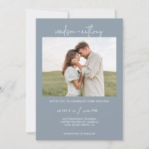Dusty Blue Stylish Script with Photo Wedding Invitation
