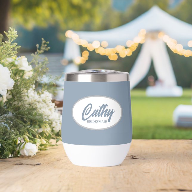 Dusty Blue Stylized Name Wedding Bridesmaid Thermal Wine Tumbler (Wedding (Rotated))