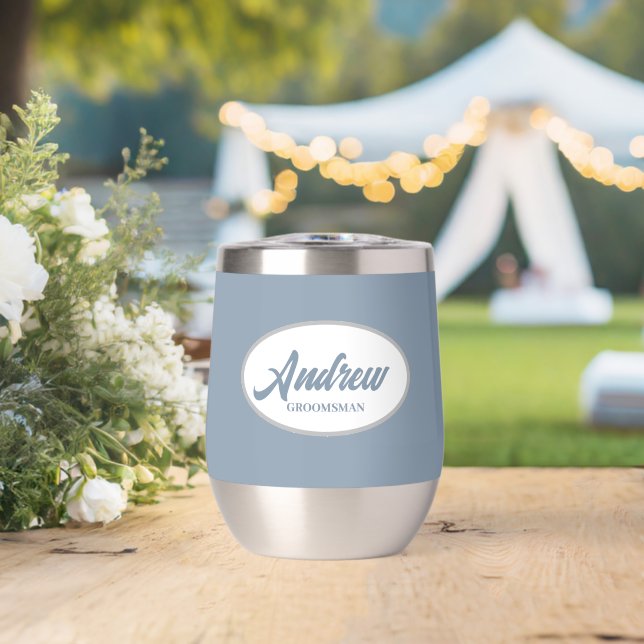 Dusty Blue Stylized Name Wedding Groomsman Thermal Wine Tumbler (Wedding (Rotated))