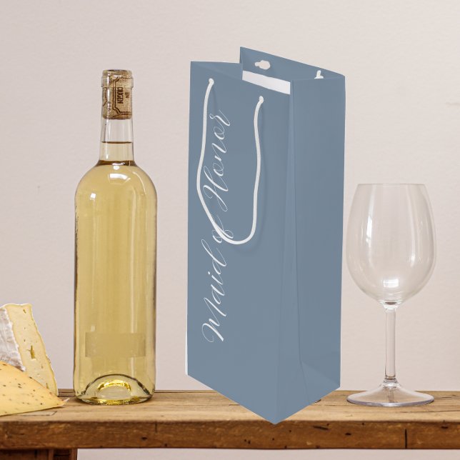 Dusty Blue Stylized Script Maid of Honor Wine Gift Bag (In Situ)
