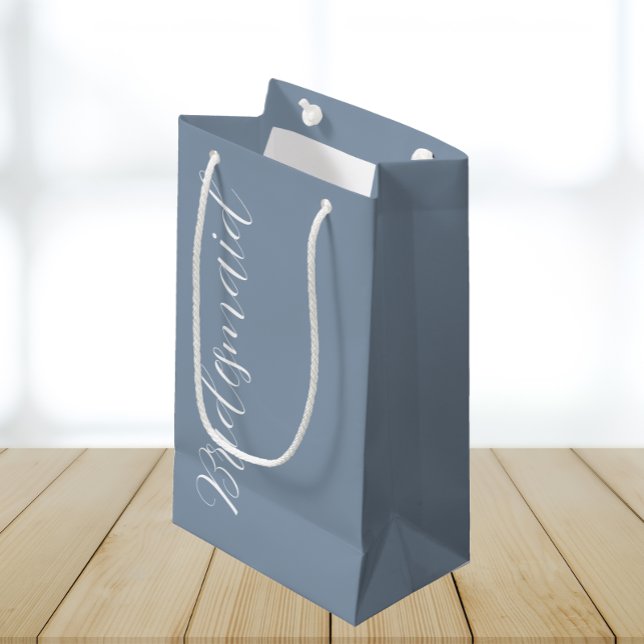 Dusty Blue Stylized Script Wedding Bridesmaid Small Gift Bag (In Situ)