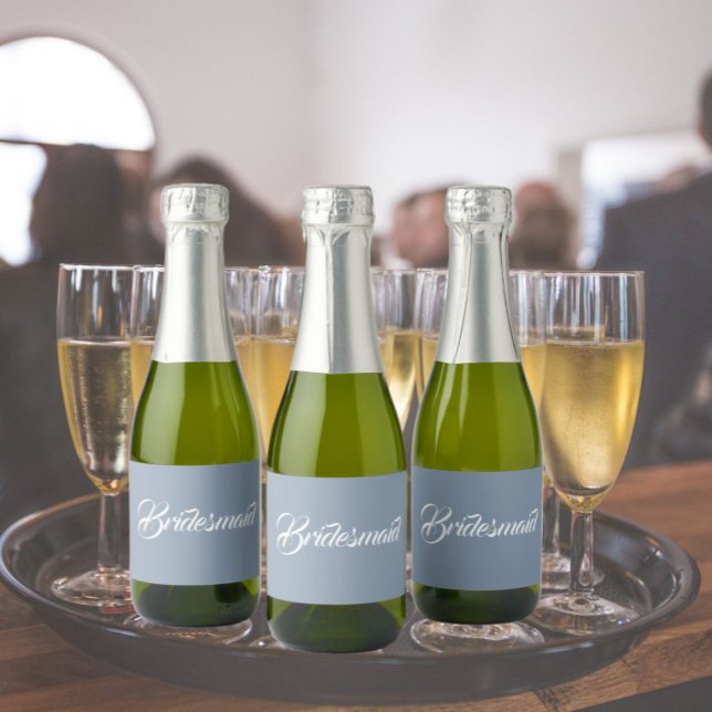 Dusty Blue Stylized Script Wedding Bridesmaid Sparkling Wine Label (In Situ Wedding)