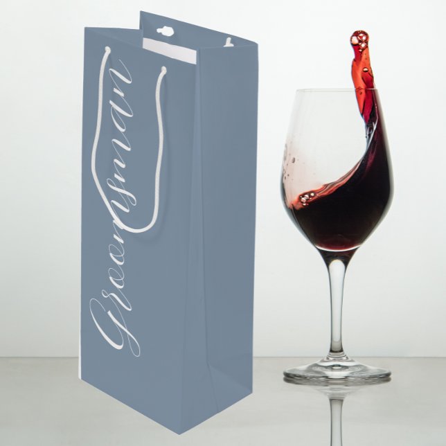 Dusty Blue Stylized Script Wedding Groomsman Wine Gift Bag (In Situ)