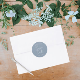 Dusty Blue Stylized Wedding Save the Date Classic Round Sticker
