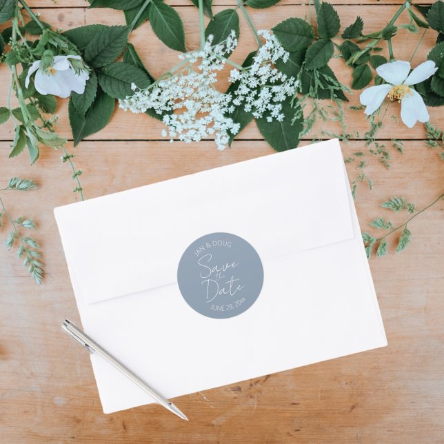  Dusty Blue Stylized Wedding Save the Date Classic Round Sticker (In Situ Wedding)
