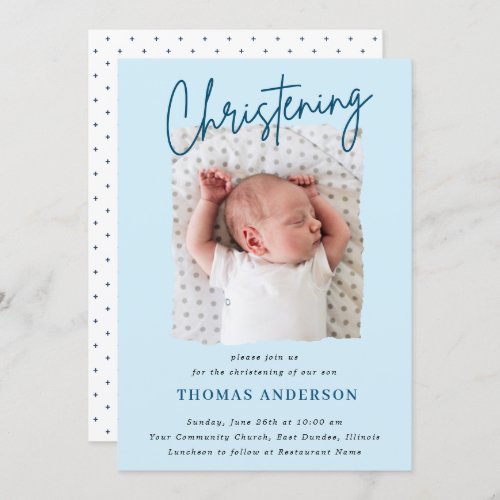 Dusty Blue Subtle Cross  Handwritten Christening  Invitation