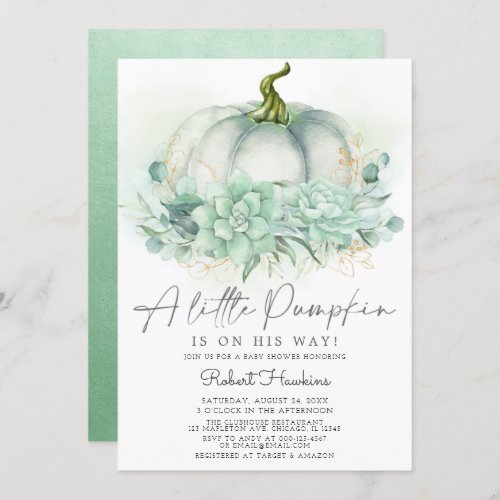 Dusty Blue Succulents Pumpkin Fall Baby Shower Invitation