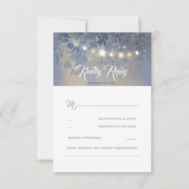 Dusty Blue Summer Night Rustic Wedding RSVP Card (Front)