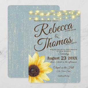 Dusty Blue Sunflower and Lights Rustic Wedding Invitation