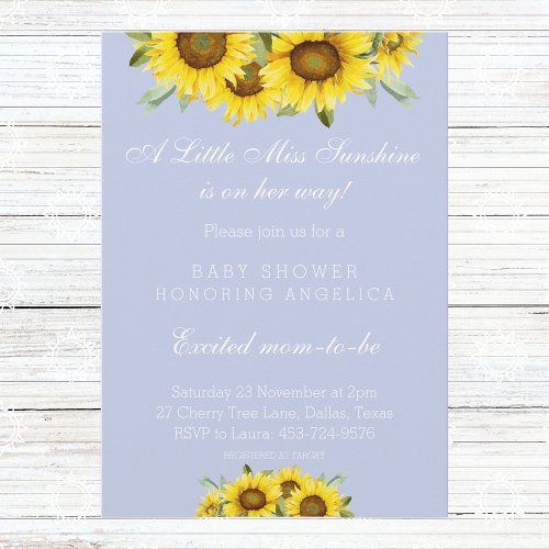 Dusty Blue Sunflower Baby Girl Shower Invitation