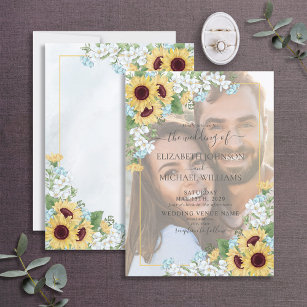 Dusty Blue Sunflower Vellum Overlay Photo Wedding Invitation