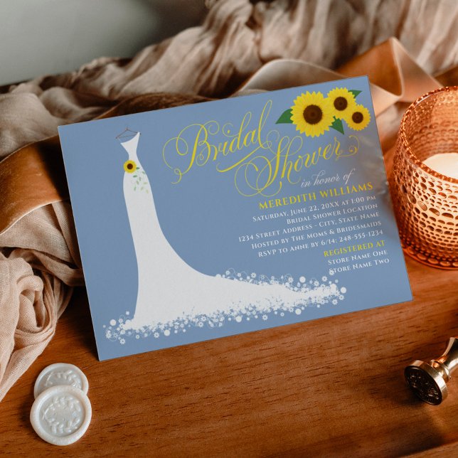 Dusty Blue Sunflower Wedding Gown Bridal Shower Invitation (Creator Uploaded)